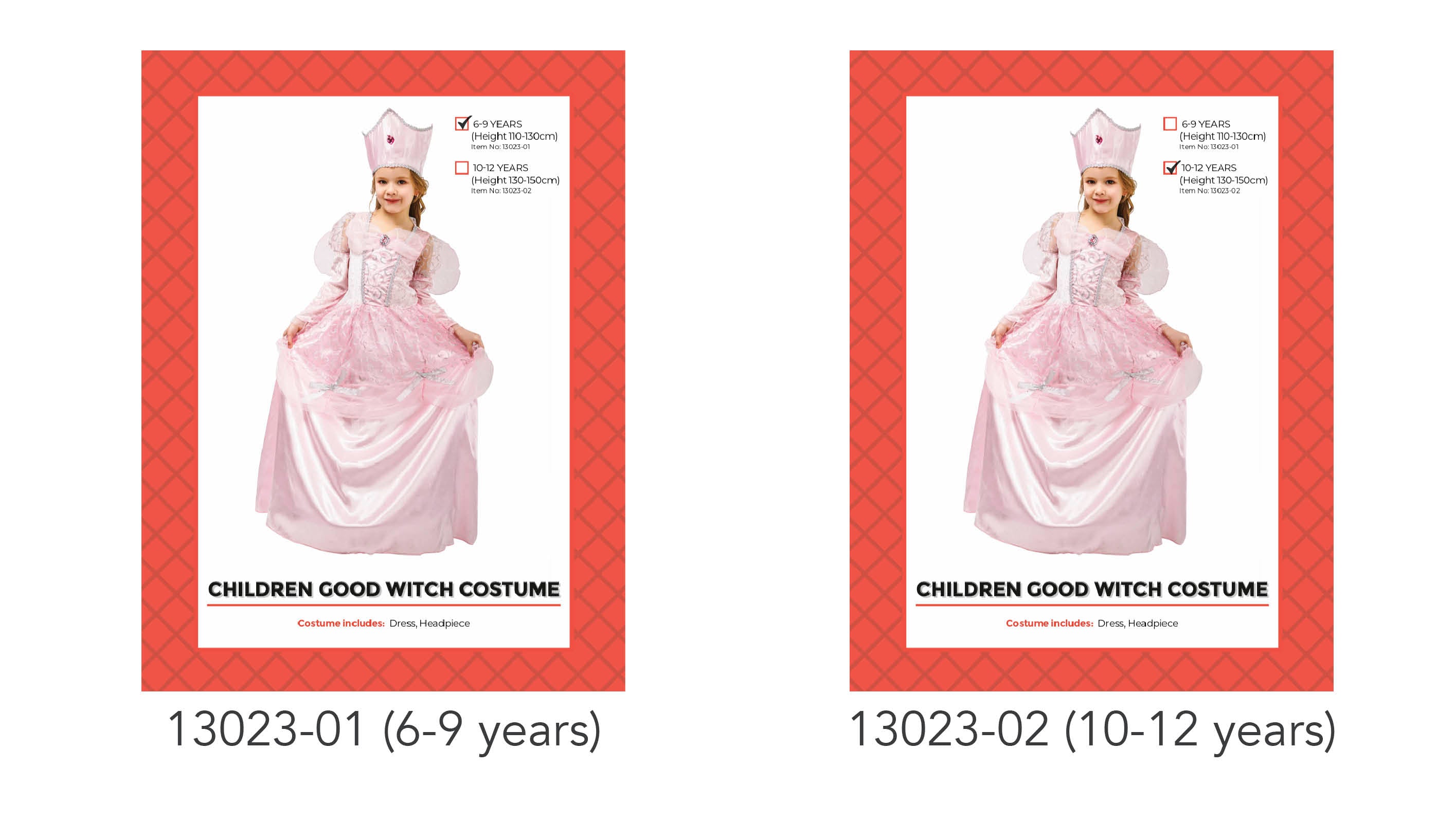 Pink dress with puffed sleeves; Silver decorative details on dress; Matching pink headpiece; Shiny satin-like fabric; Two size options shown on packaging;