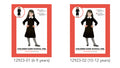 black dress with white collar and cuffs; long sleeves; pleated skirt hem; black and white striped stockings; flat black shoes worn by model;