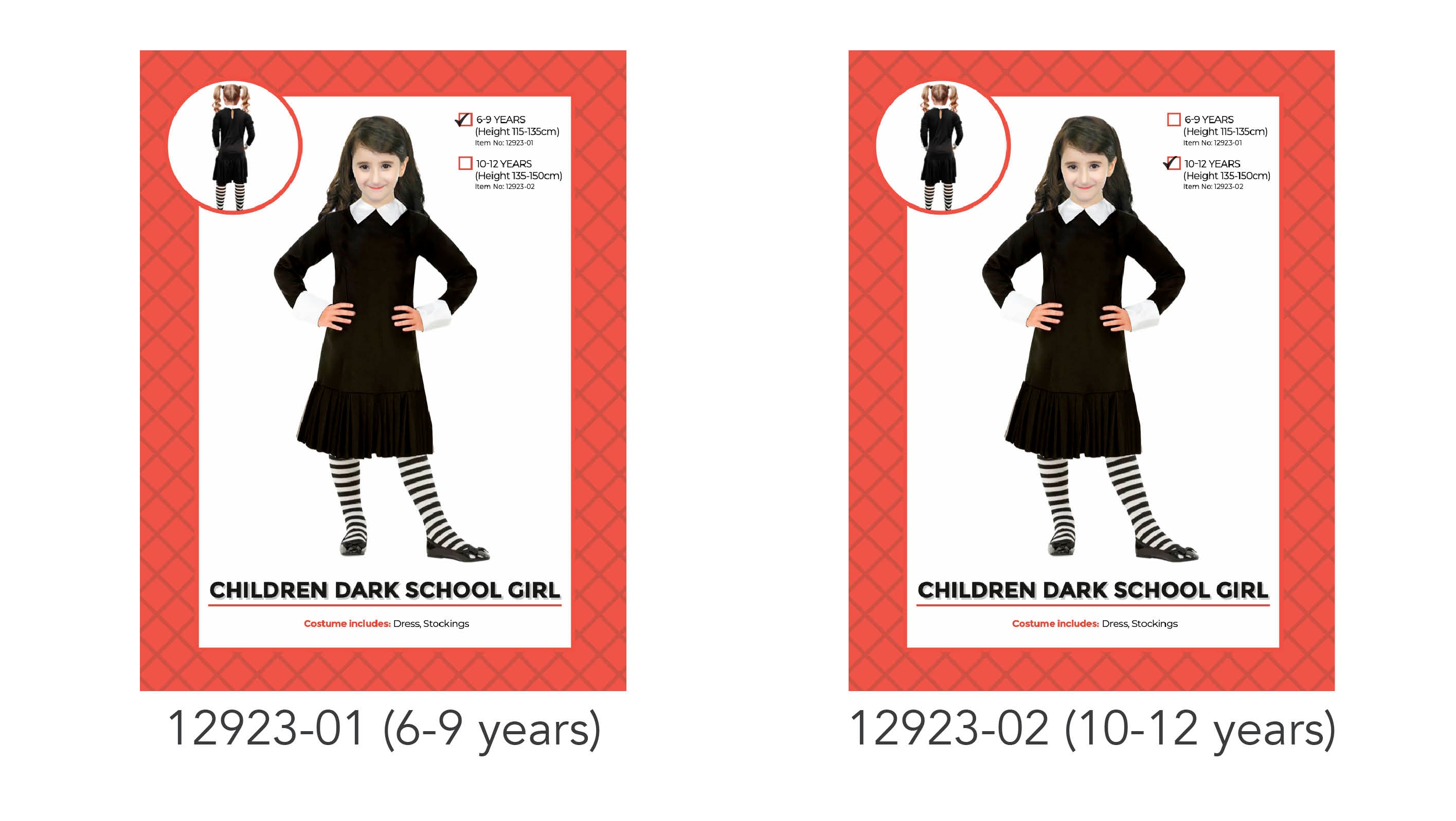 black dress with white collar and cuffs; long sleeves; pleated skirt hem; black and white striped stockings; flat black shoes worn by model;