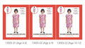 Light pink dress with purple and yellow flower pattern; Short puff sleeves; Two front pockets; Round neckline; Modelled by a child with black bob wig;