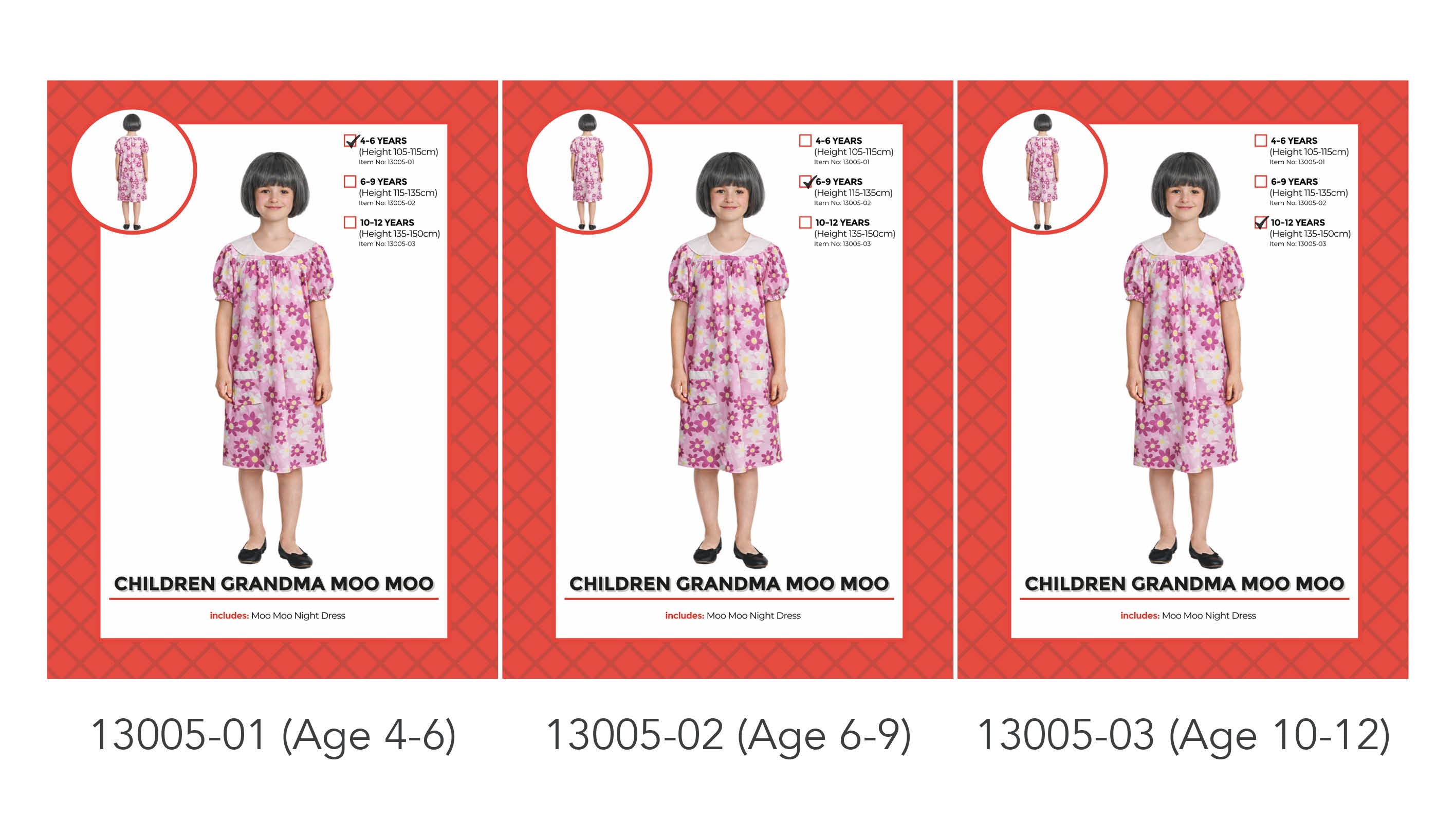 Light pink dress with purple and yellow flower pattern; Short puff sleeves; Two front pockets; Round neckline; Modelled by a child with black bob wig;