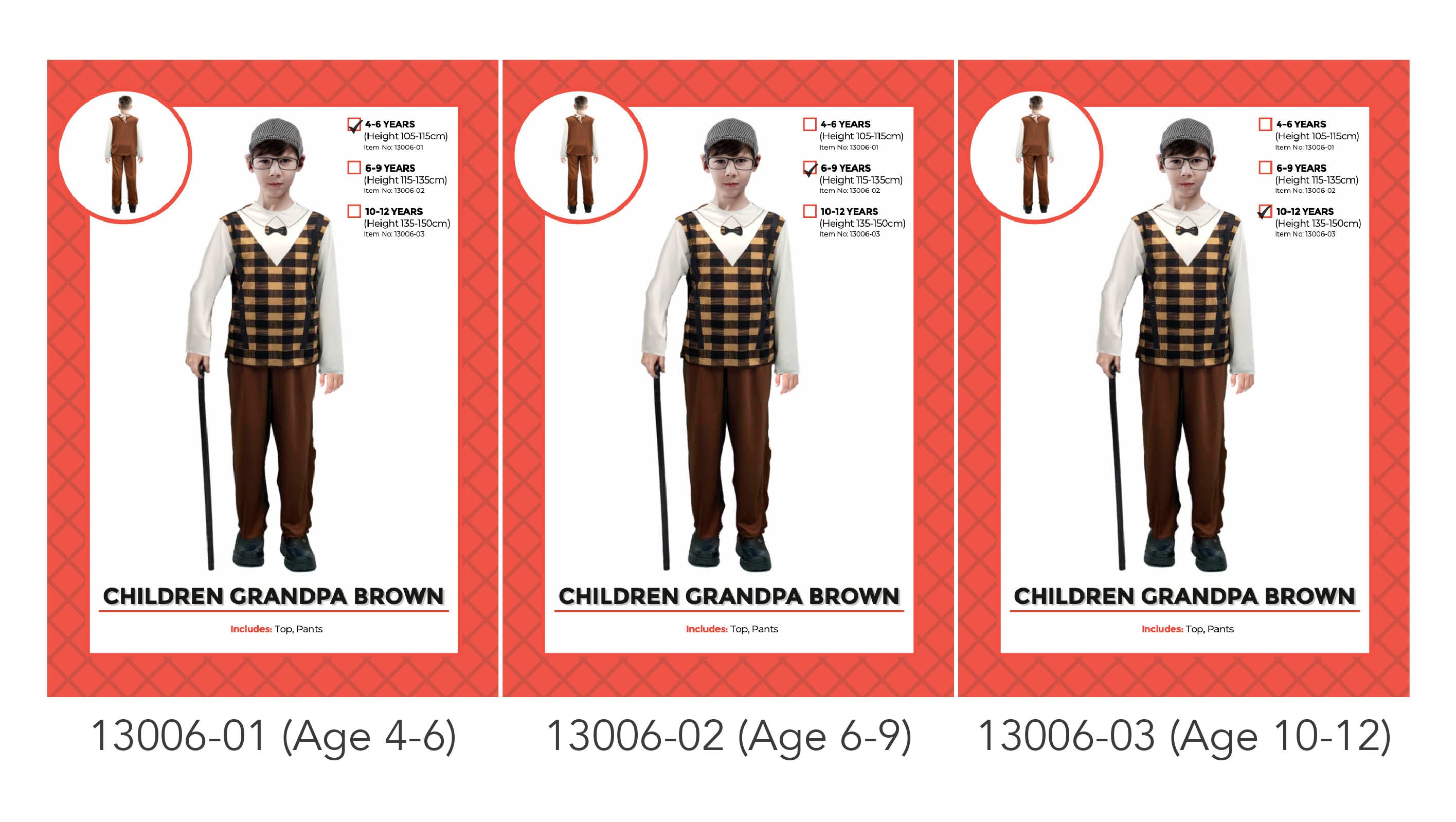 Brown checked vest with bow tie; Long-sleeve white undershirt; Brown pants; Includes outfit top and pants; Shown with black cane (not included);