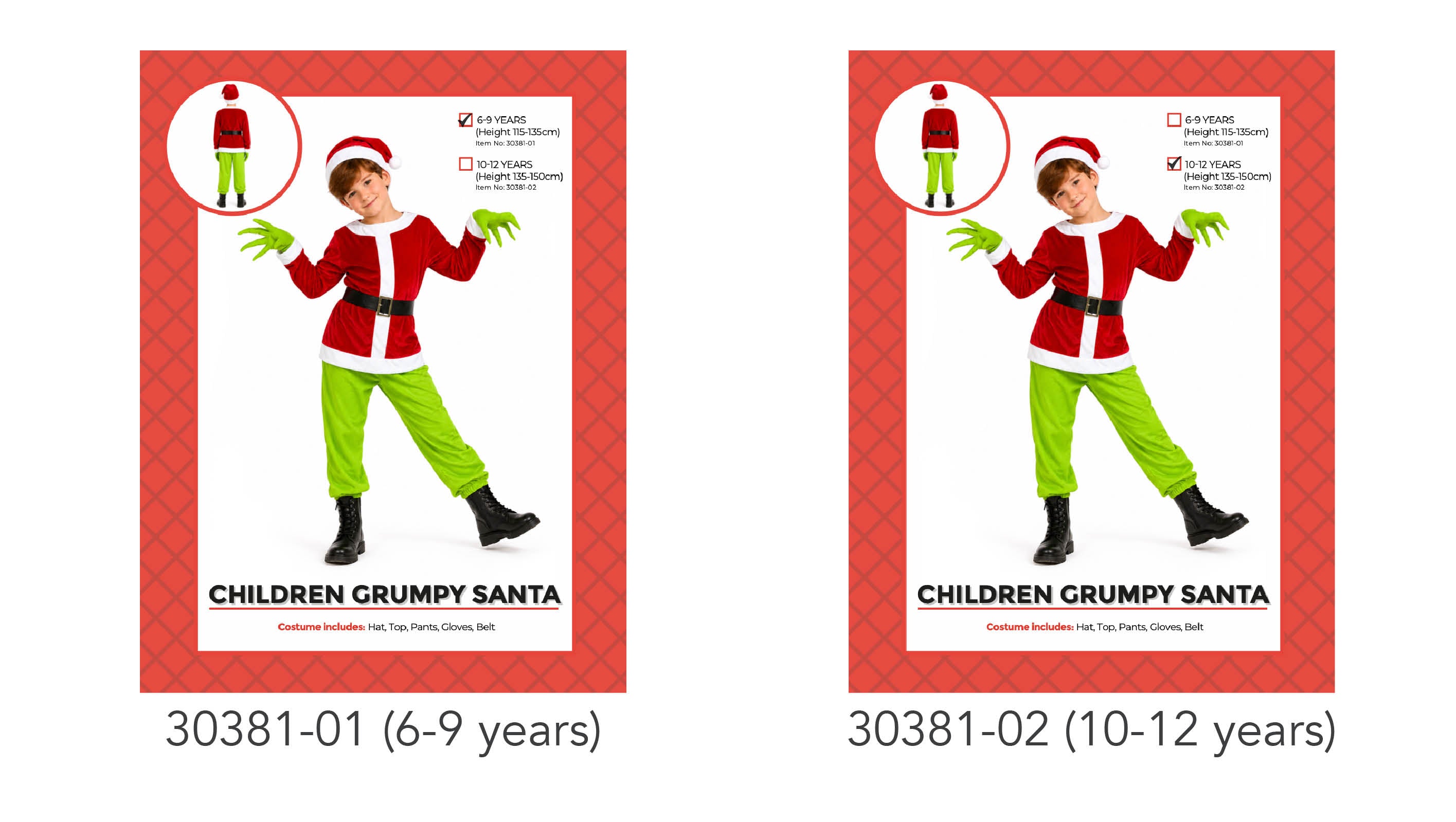 red velvet top with white trim; bright green pants; black belt with buckle; red Santa hat with white pom; green gloves;