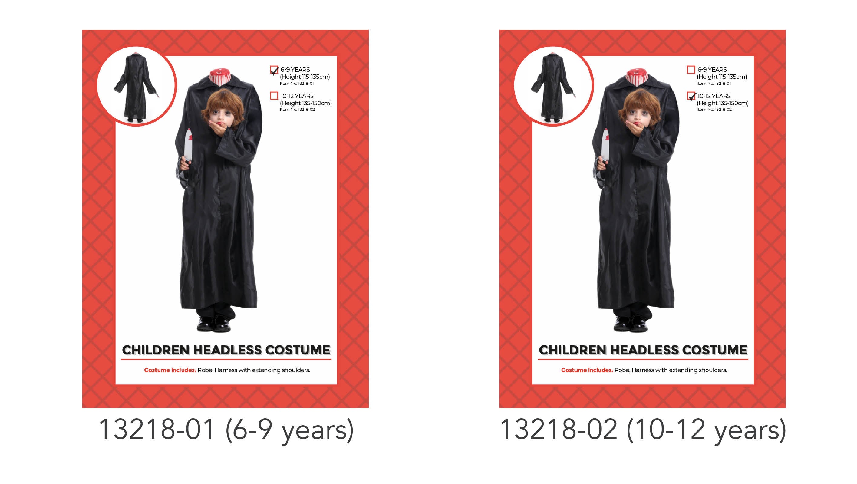 black long robe; rope-like neck detail; harness with extending shoulders; child head positioned mid-torso; child holding fake knife prop;
