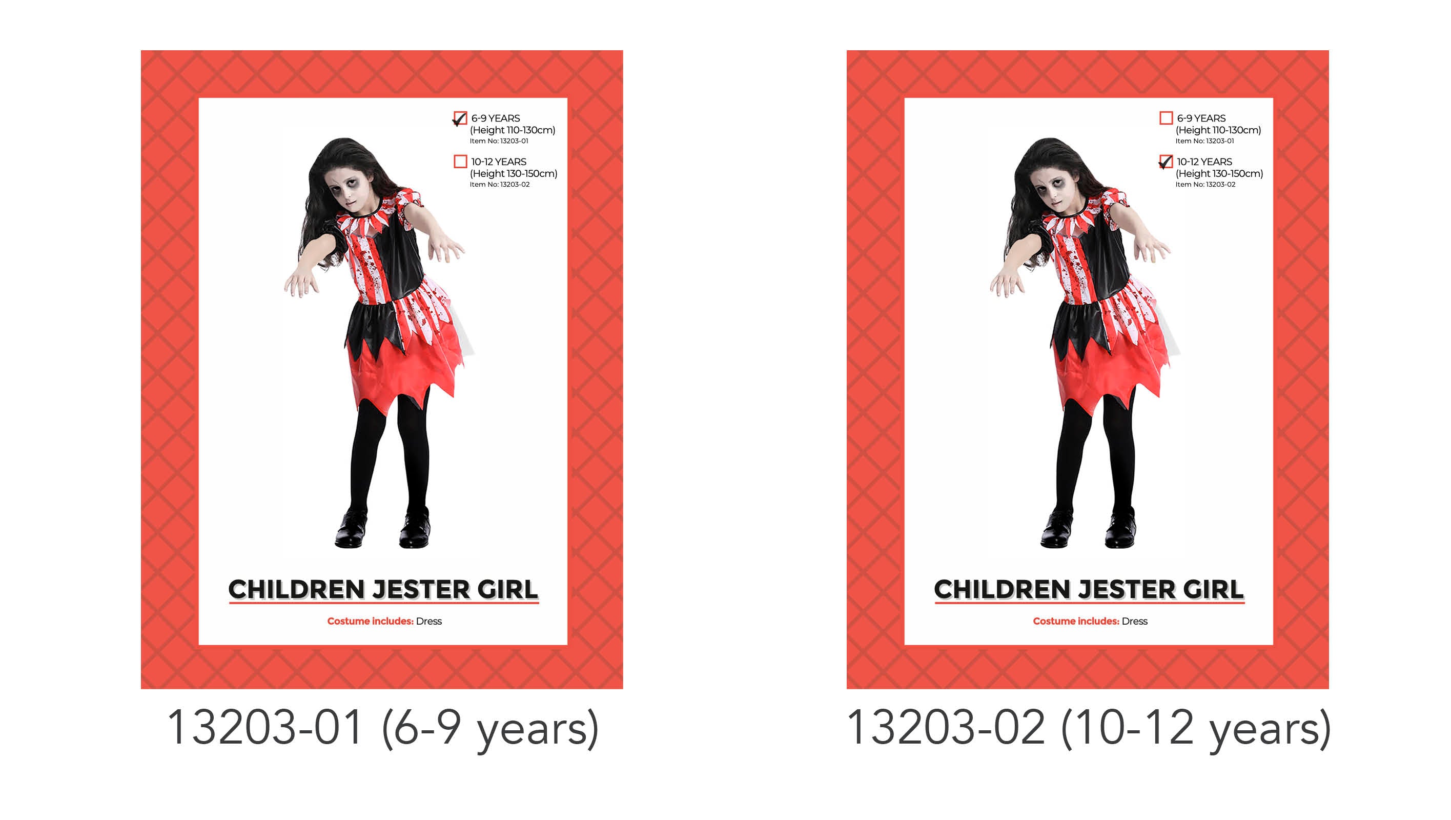 red and black colour scheme; jester style dress with pointed skirt; ruffled collar; available in two sizes for 6-9 and 10-12 years;