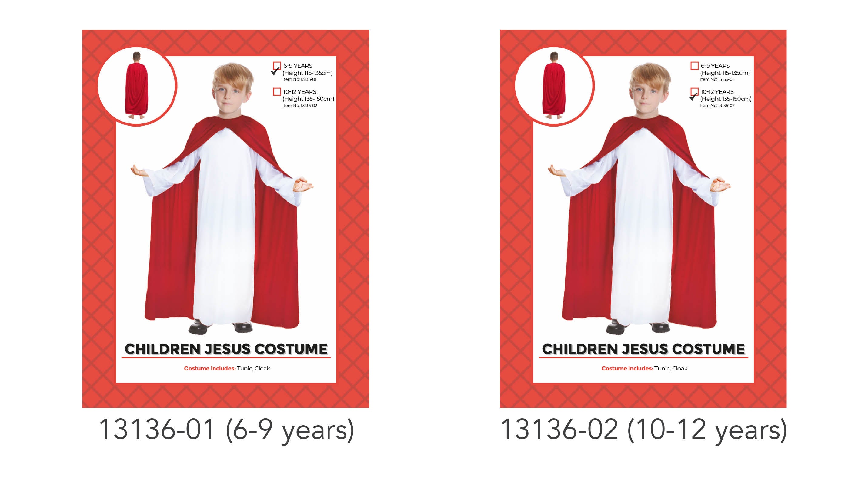 white long tunic; red cloak; child size; simple design; includes tunic and cloak;