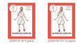 white satin-like dress; red pompom buttons on front; puffed short sleeves; red trim on sleeves and waist; dress length above knees;