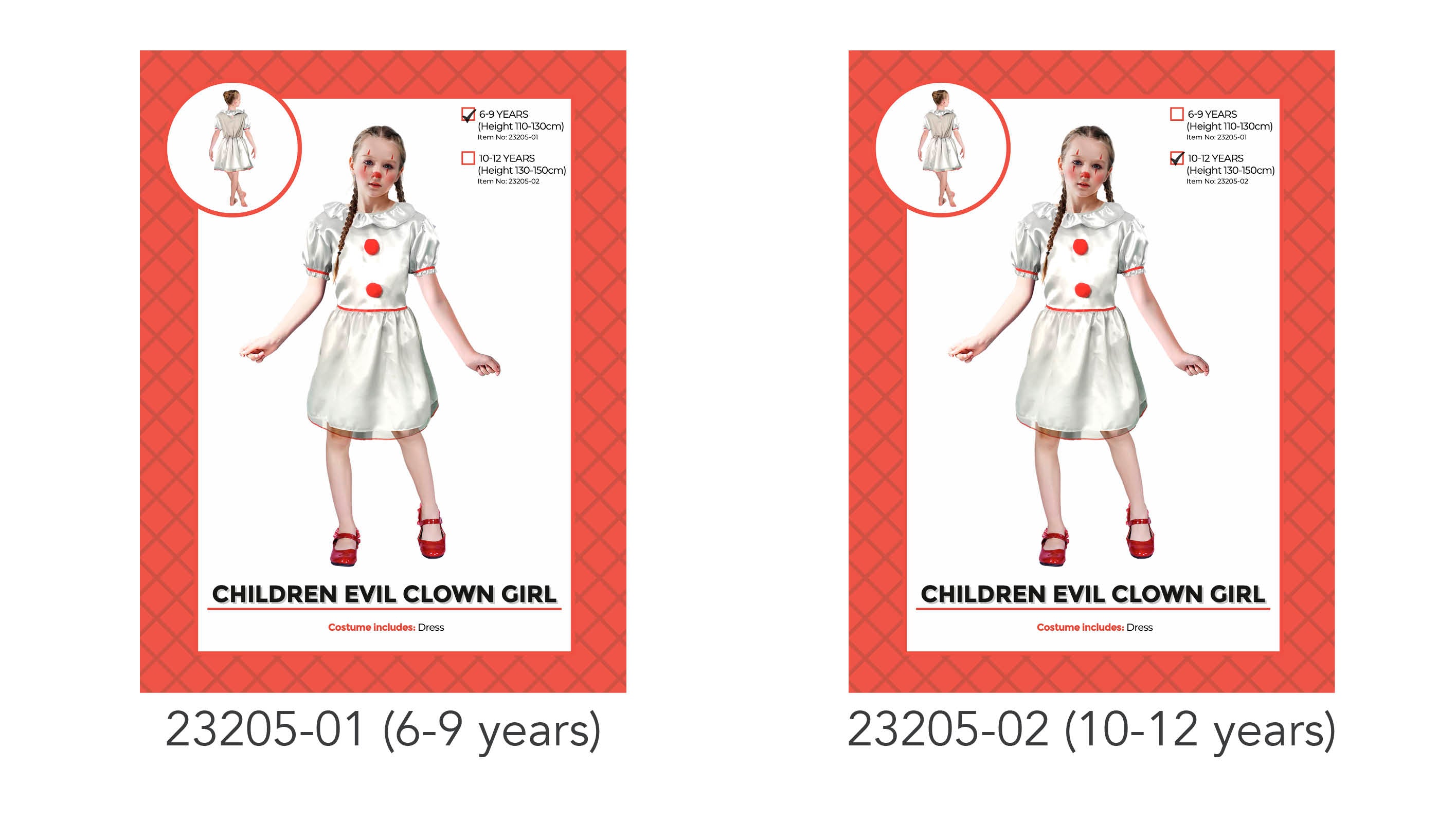 white satin-like dress; red pompom buttons on front; puffed short sleeves; red trim on sleeves and waist; dress length above knees;
