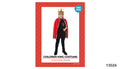 red cape with white and black spotted faux fur trim; deluxe velvet fabric appearance; one size label visible; child model wearing cape and gold crown; cape ties at neck;