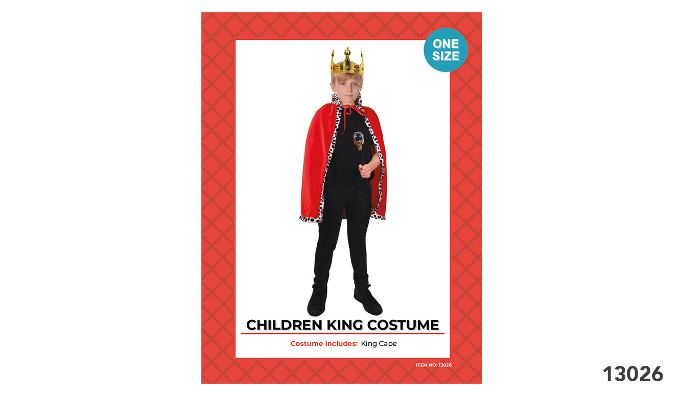 red cape with white and black spotted faux fur trim; deluxe velvet fabric appearance; one size label visible; child model wearing cape and gold crown; cape ties at neck;
