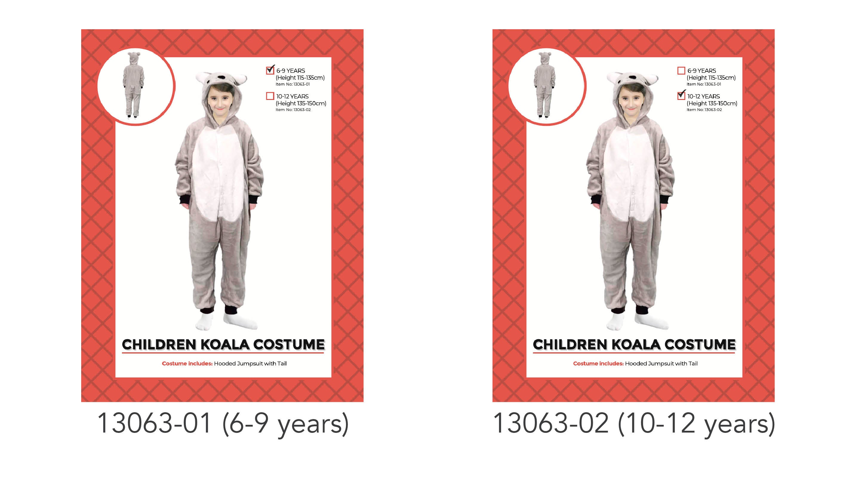 Light grey jumpsuit with white belly; Hood with koala face and ears; Long sleeves and ankle cuffs; Includes tail on the back;