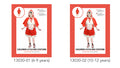Red dress with lace trim; Matching red hooded cape; Dress and cape set; Child model wearing sneakers; Two size options shown on packaging;