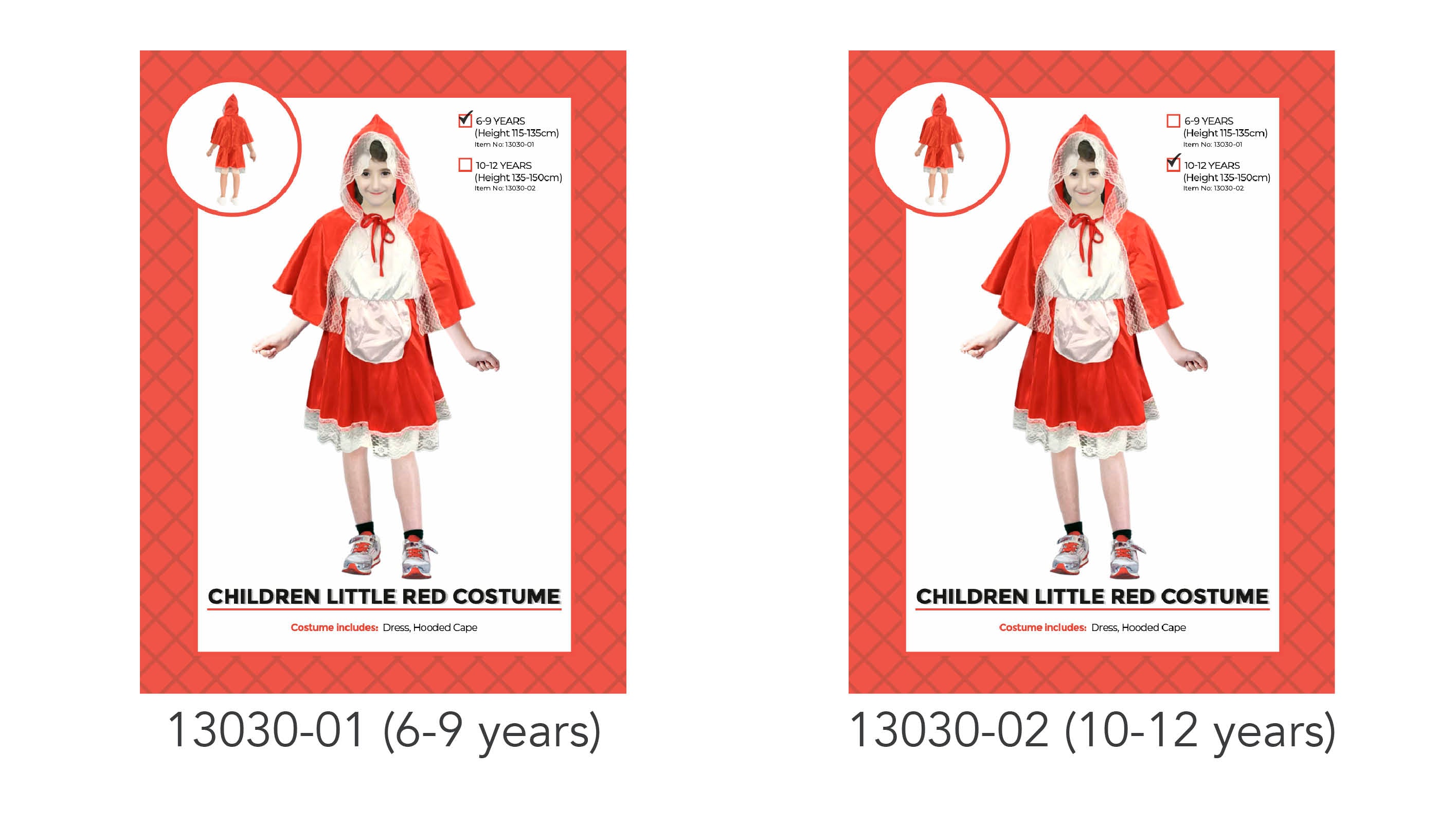 Red dress with lace trim; Matching red hooded cape; Dress and cape set; Child model wearing sneakers; Two size options shown on packaging;