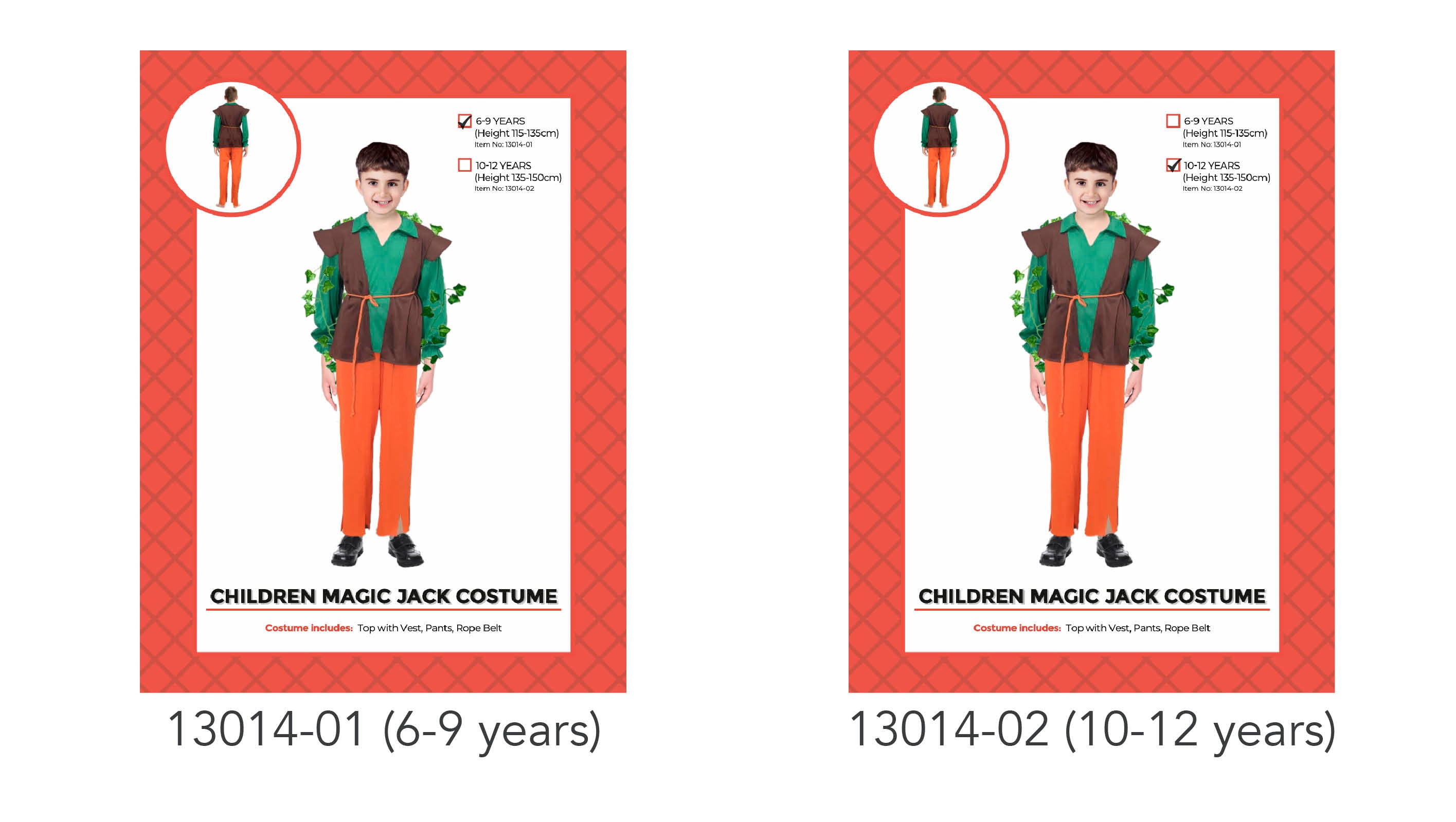 Green long sleeve top with attached brown vest; Orange pants with rope belt; Leaf decorations on sleeves; Costume designed for children;