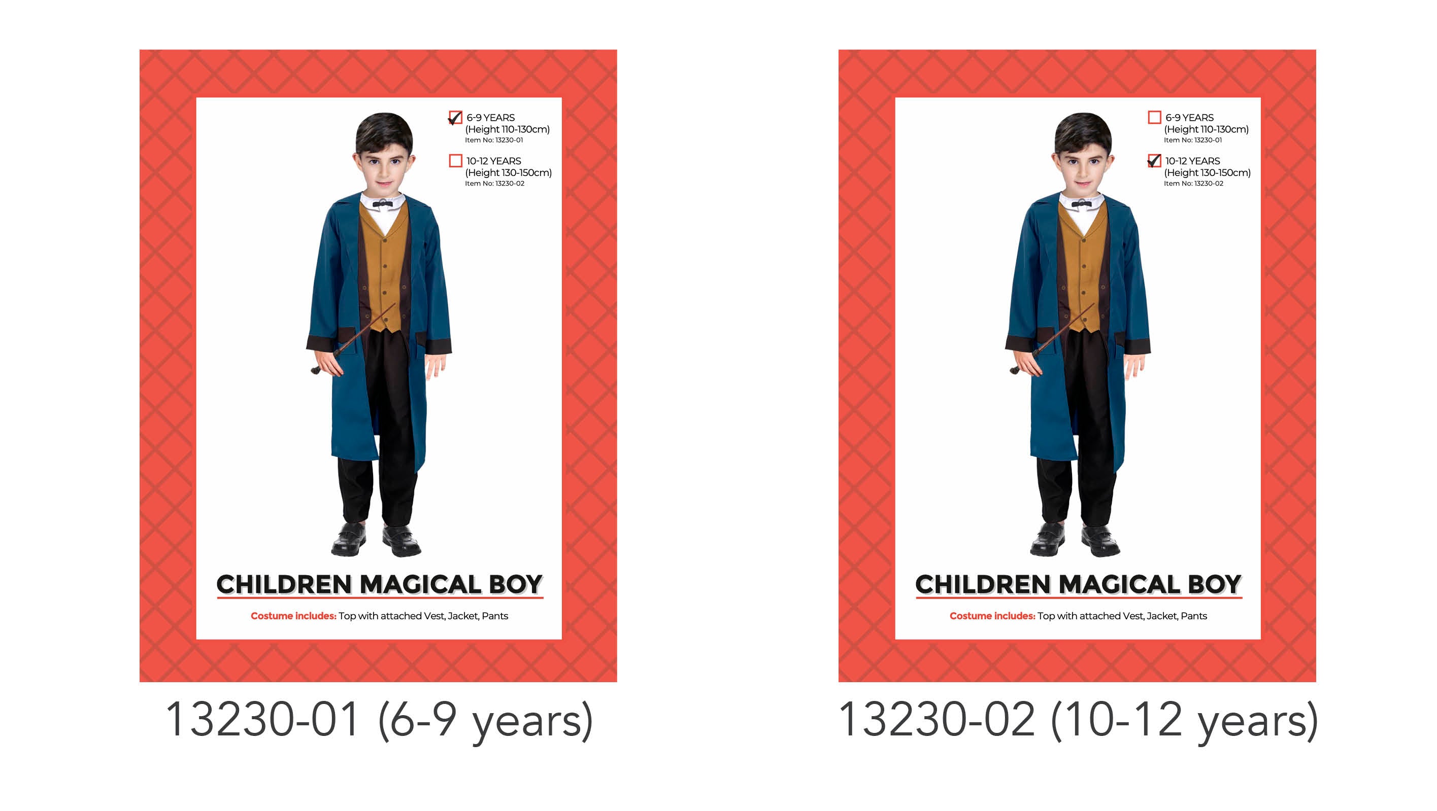 Blue long jacket with black trim; Mustard coloured vest attached under jacket; Black pants included; Styled for boys aged 6-9 and 10-12 years;