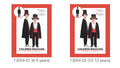 black magician cape with red lining; black top hat with red band; black pants; white shirt front with red cummerbund; child models wearing the costume;