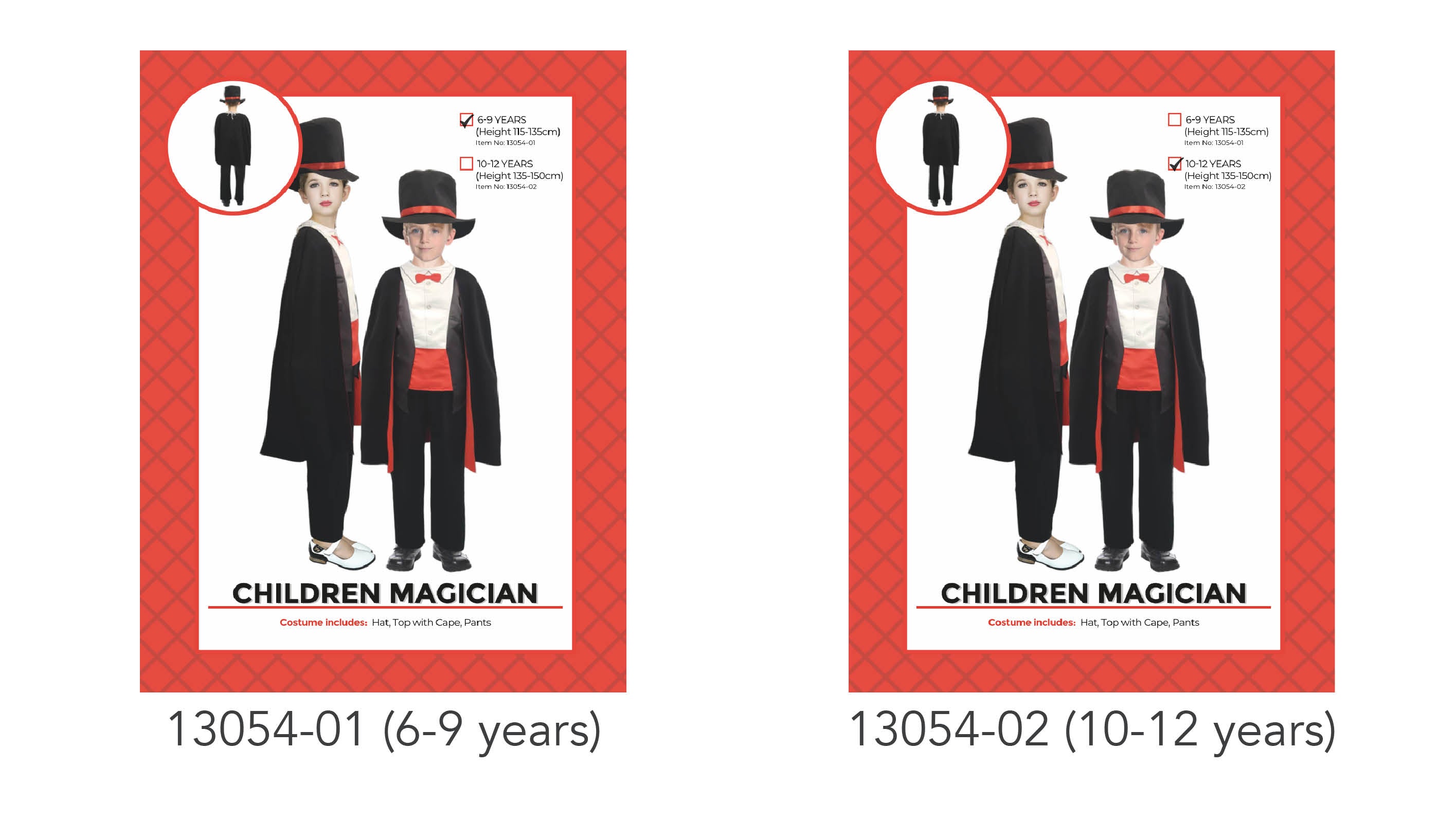 black magician cape with red lining; black top hat with red band; black pants; white shirt front with red cummerbund; child models wearing the costume;