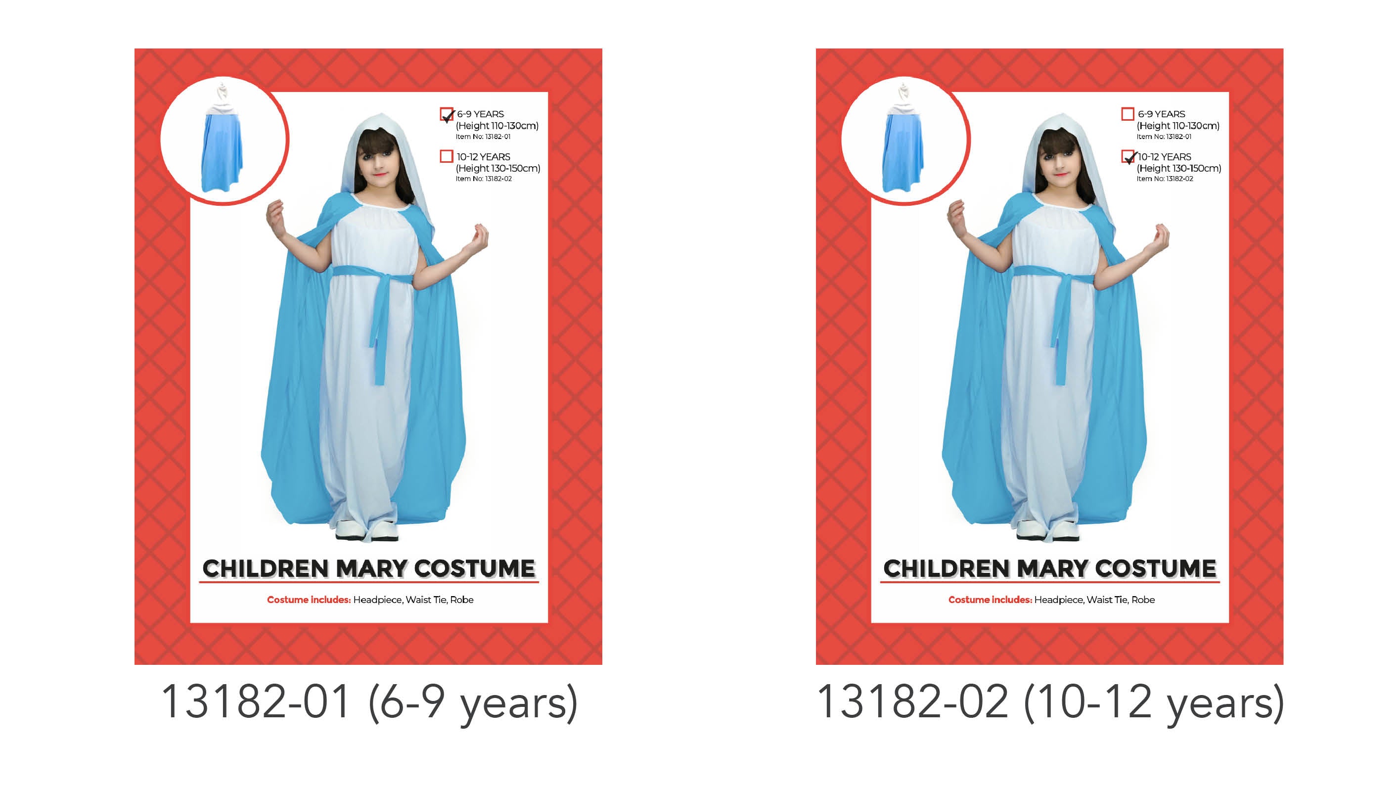 costume in light blue and white; includes headpiece, waist tie, robe; available in sizes 6-9 and 10-12 years; robe has a flowing design;