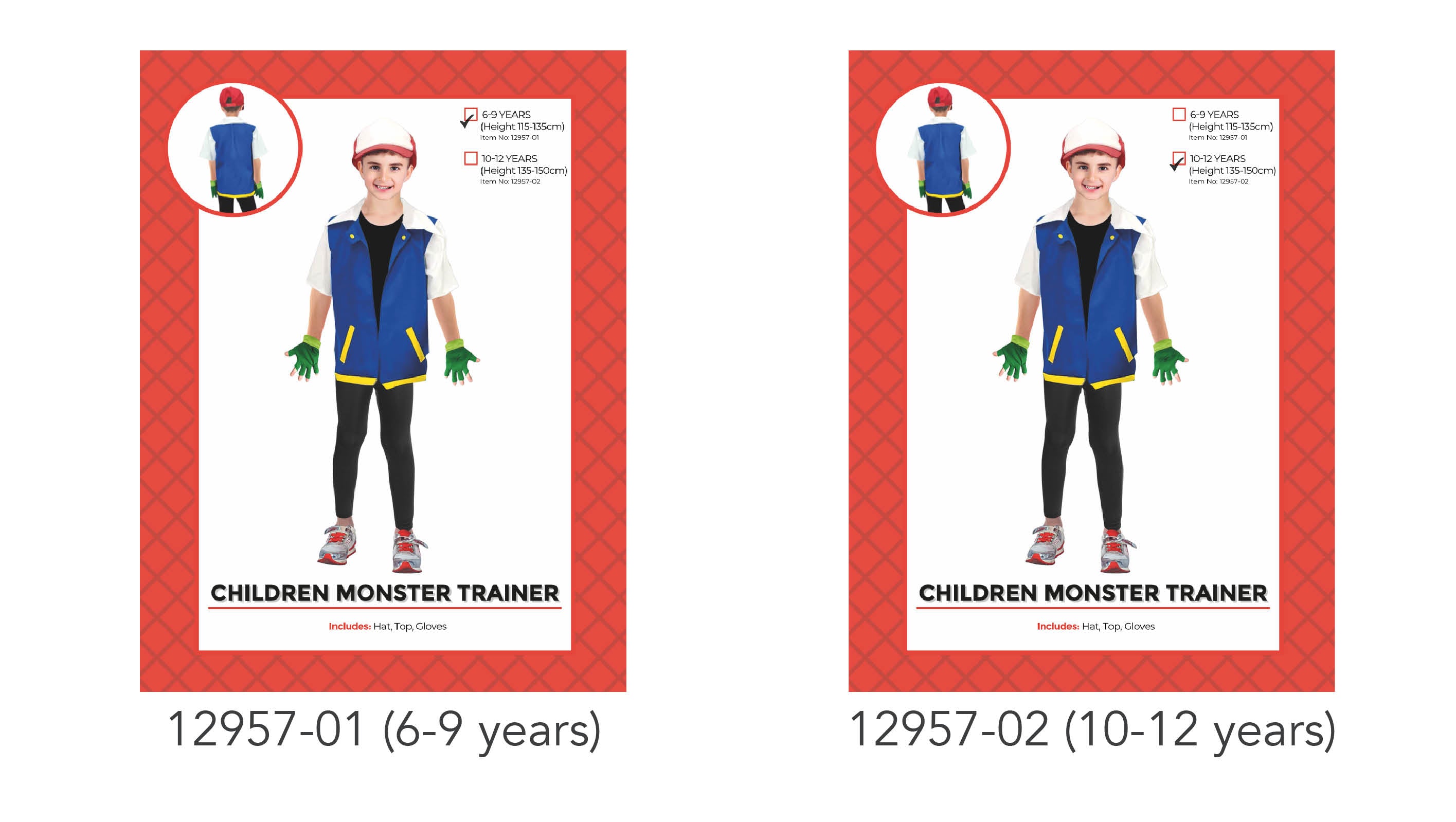 blue sleeveless top with yellow trim; green gloves; white hat with red detailing; short-sleeved undershirt; black leggings visible on model;