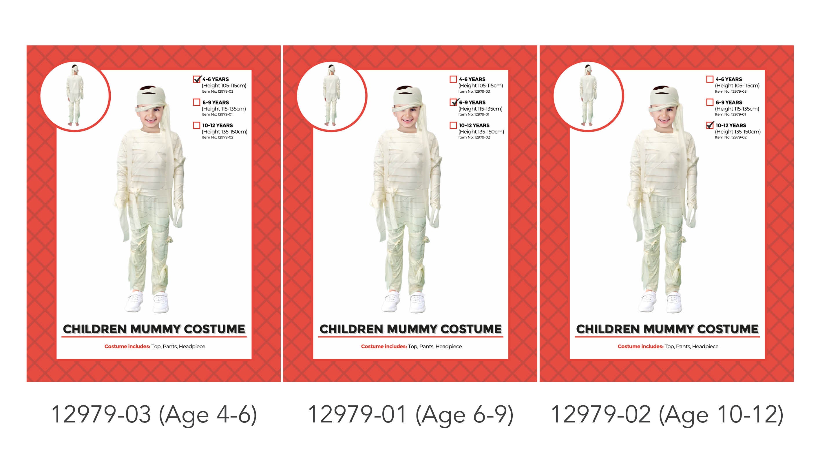 white mummy costume with bandage strips; includes top, pants and headpiece; available in sizes for ages 4-6, 6-9, 10-12; photo shows child wearing white sneakers;