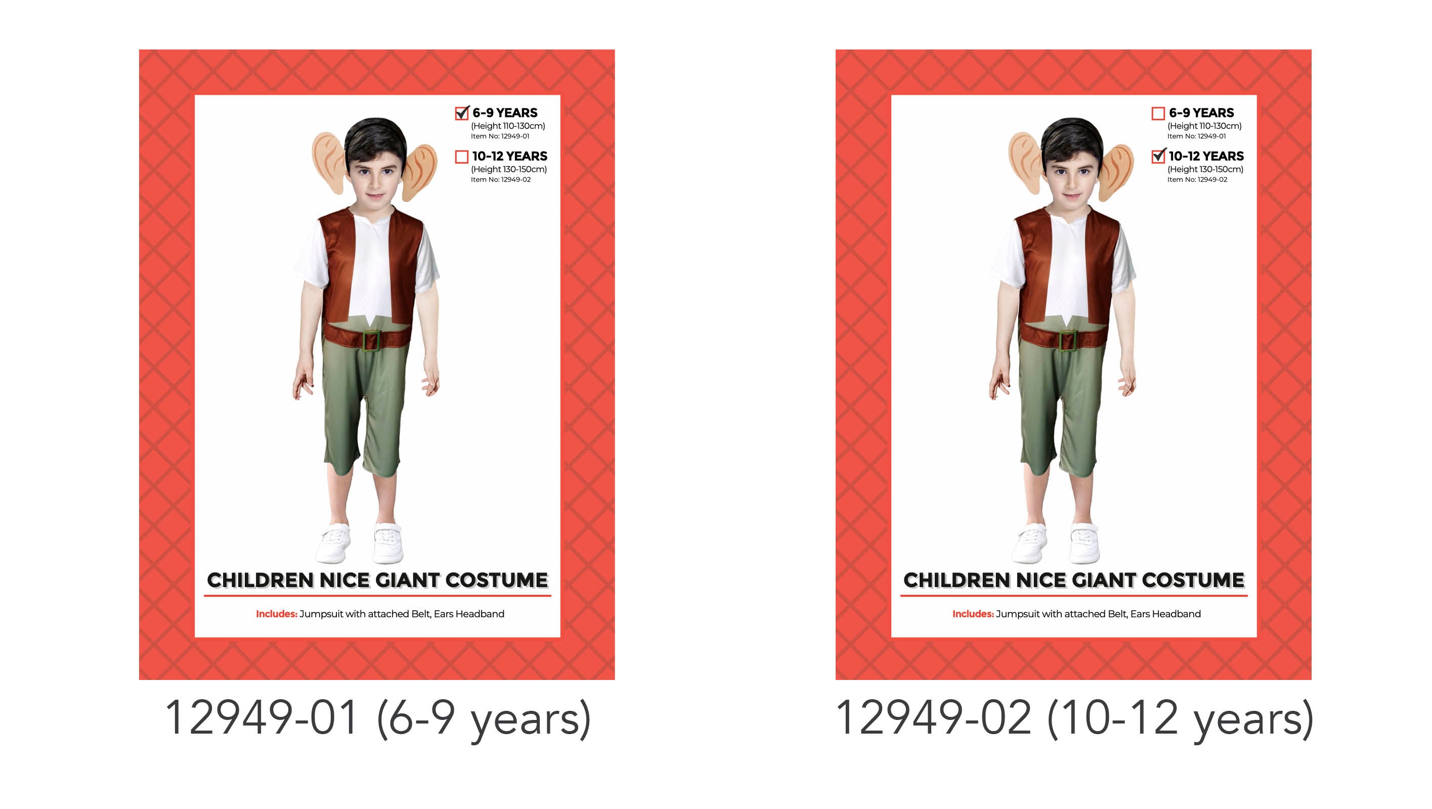 brown vest and belt; green shorts; white undershirt; ears headband; child model wearing the costume;
