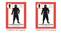 black ninja costume; includes hood and mask; vest with pointed front; pants with ties; child wearing outfit with toy sword;