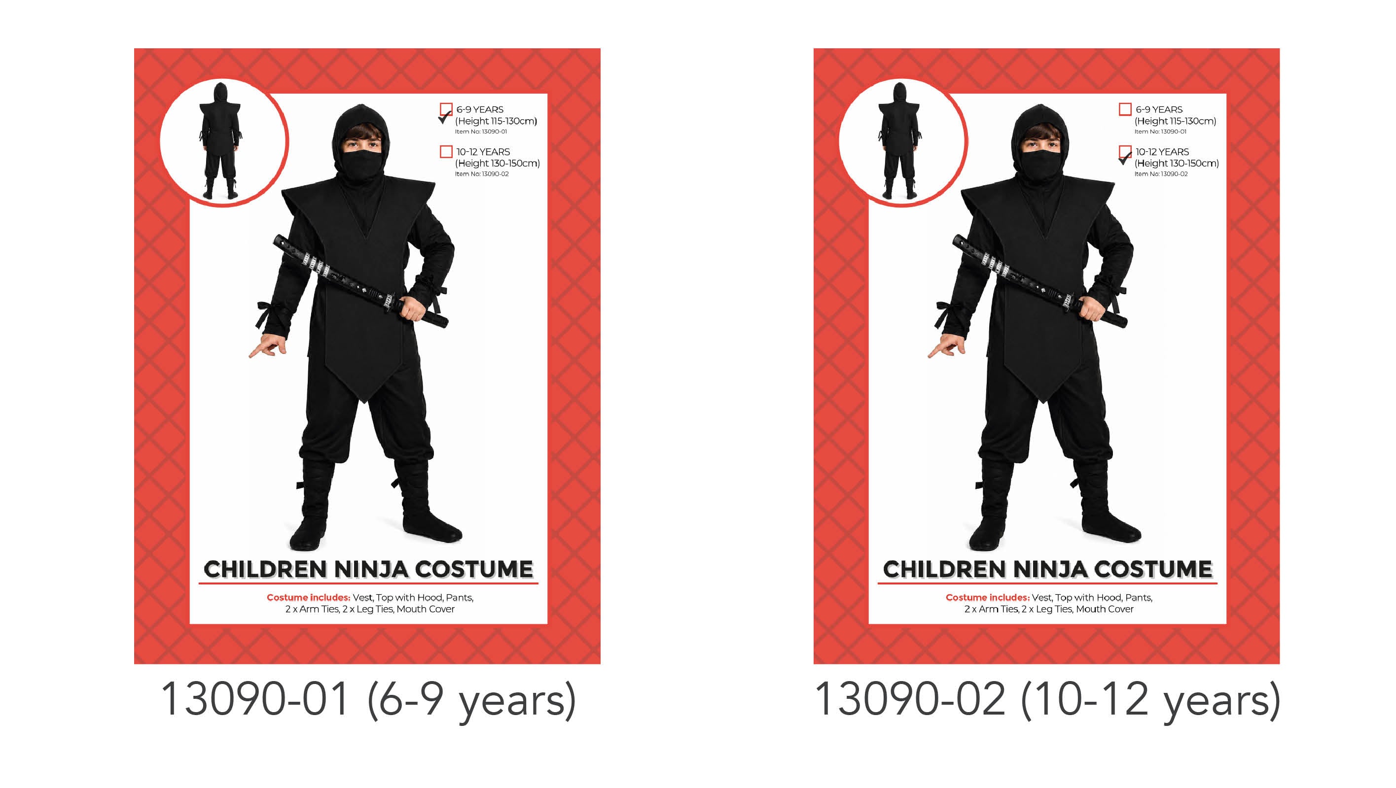 black ninja costume; includes hood and mask; vest with pointed front; pants with ties; child wearing outfit with toy sword;
