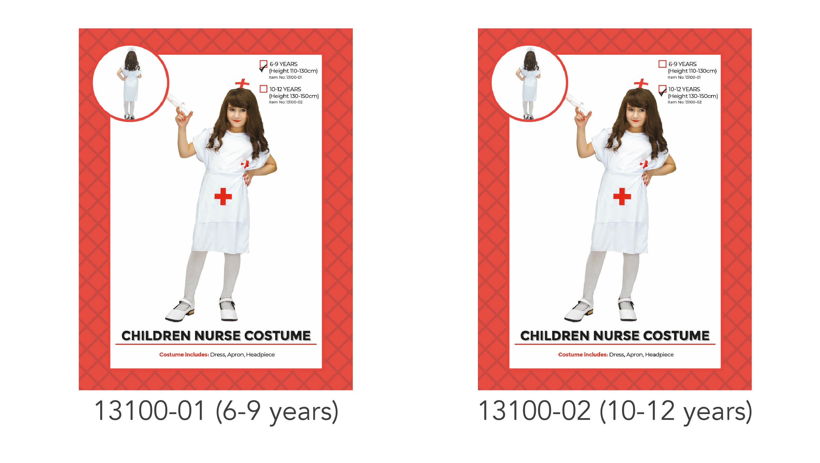 white dress with short sleeves; red cross on apron and headpiece; includes apron and headpiece; child wearing white tights and shoes;