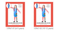 blue long sleeve dress with patchwork design; red and white striped sleeves; patches in green, orange, purple; knee length dress; pair of mismatched colourful socks on child model;