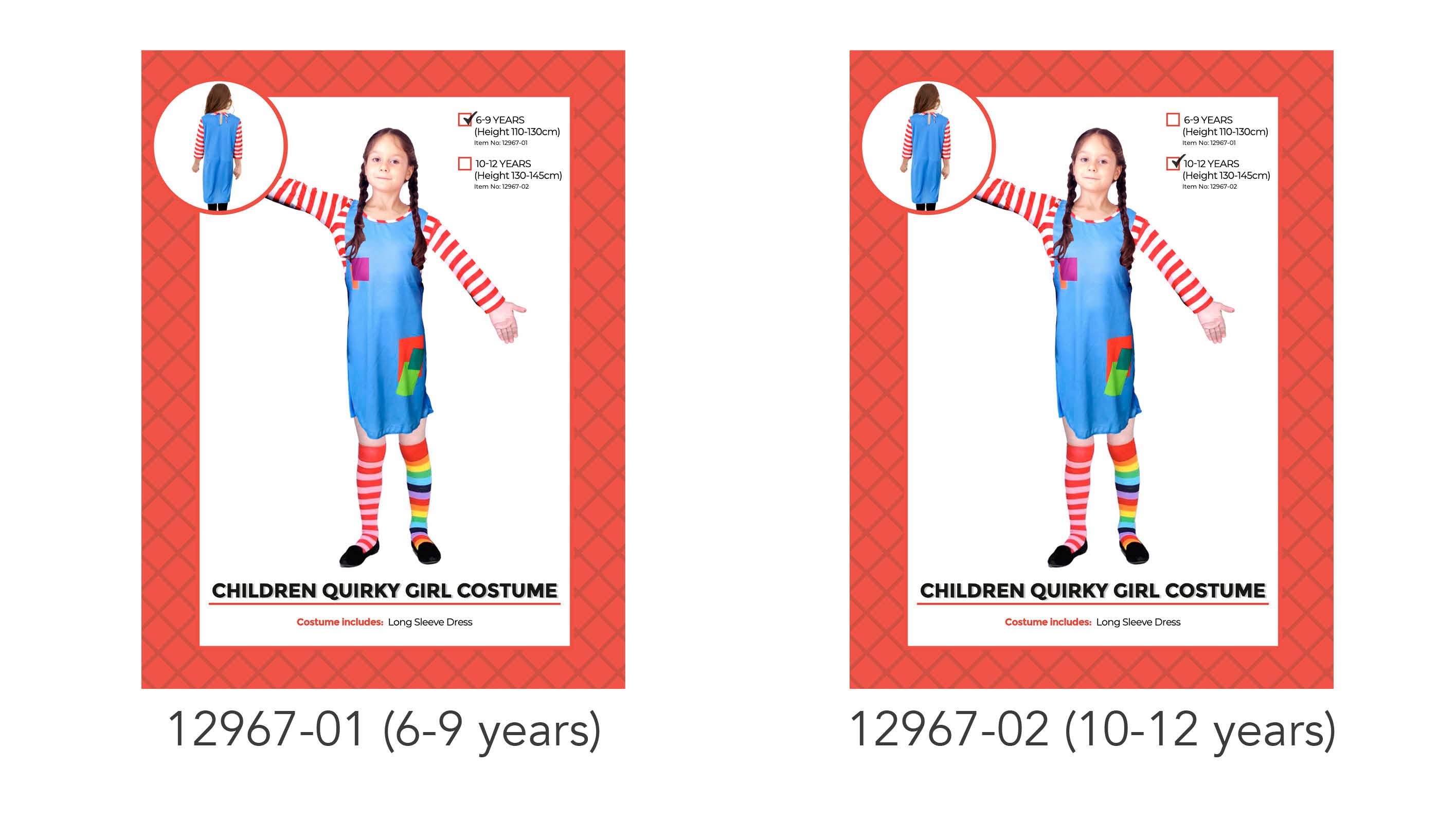 blue long sleeve dress with patchwork design; red and white striped sleeves; patches in green, orange, purple; knee length dress; pair of mismatched colourful socks on child model;
