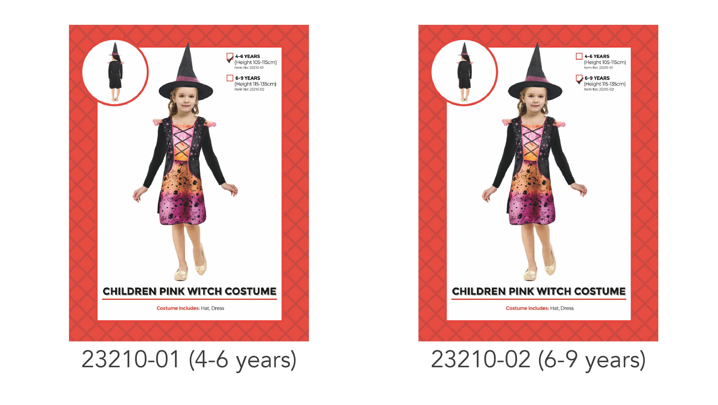 Pink and black dress with star and moon pattern; Black witch hat with pink band; Available in sizes for 4-6 and 6-9 years; Long sleeve underlayer shown on model; Knee-length dress;