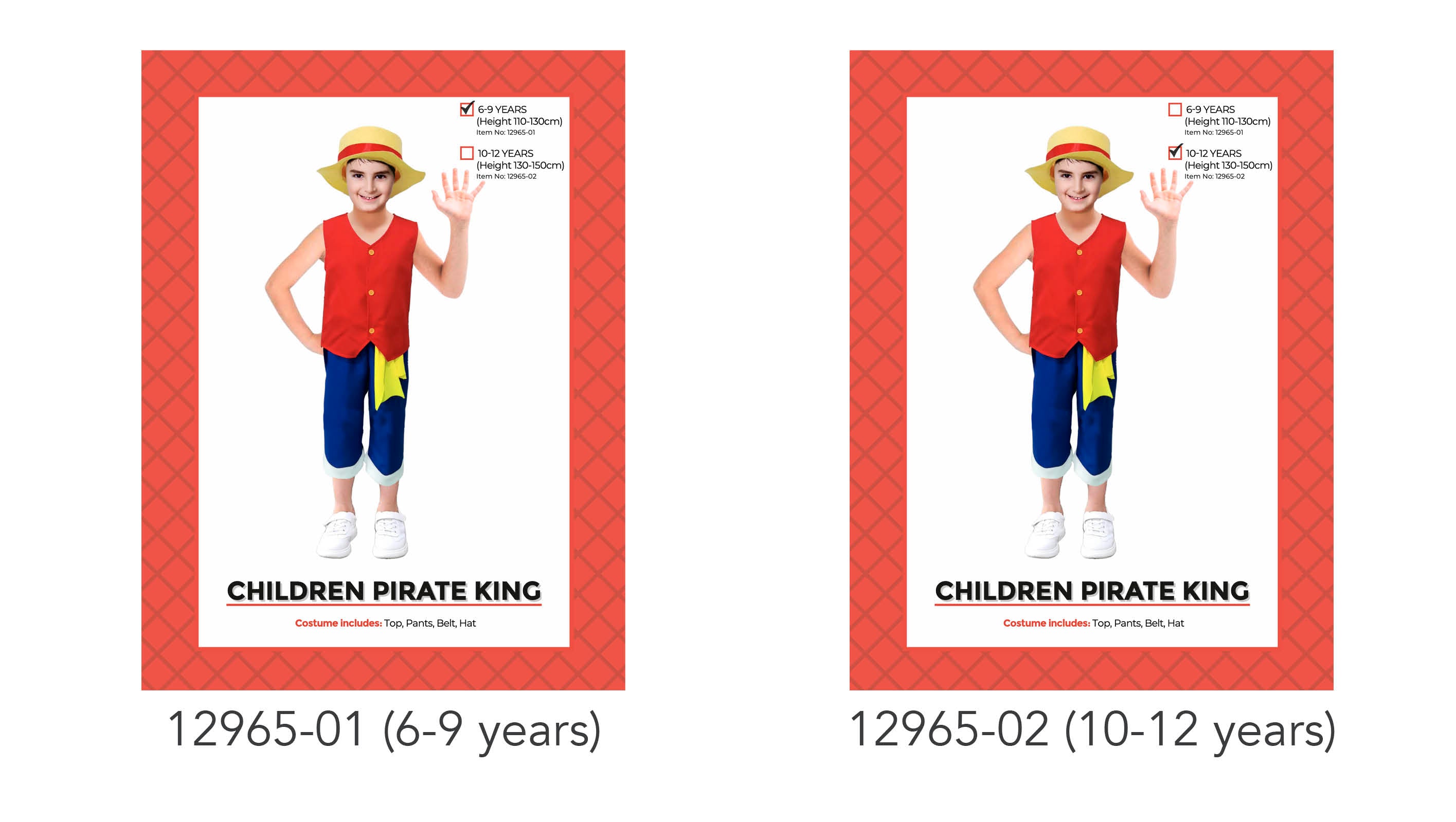 red sleeveless top with buttons; blue knee-length pants with white cuffs; yellow belt tied at the waist; beige wide-brim hat with red band;