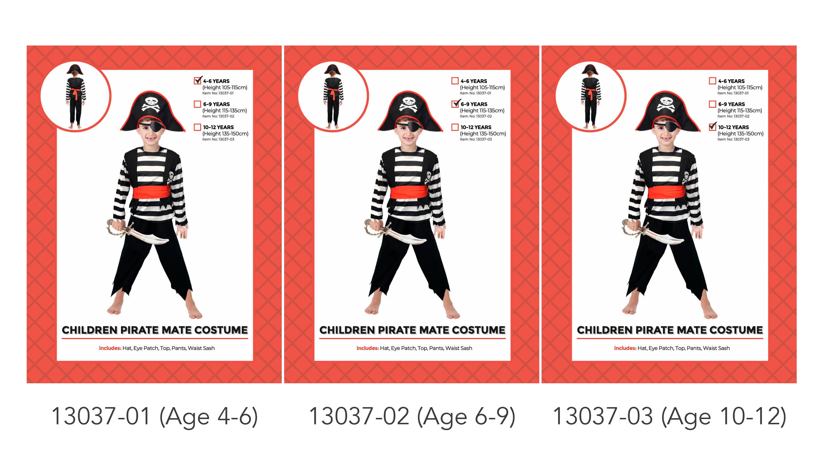 Black pirate hat with skull and crossbones; Striped black and white long sleeve top with skull detail; Red waist sash; Black pants with jagged edges; Eye patch accessory;