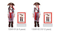 Brown faux leather tricorn hat with skull and crossbones; White shirt with gathered sleeves; Red waist sash; Striped red and white pants with attached brown boot covers; Included black eye patch on one model;
