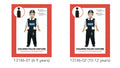 Black police hat with badge; Black vest with POLICE label; White short sleeve shirt under vest; Black pants with attached handcuffs;