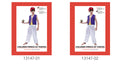 purple sleeveless vest; white elasticised pants; red satin hat; gold fabric belt;