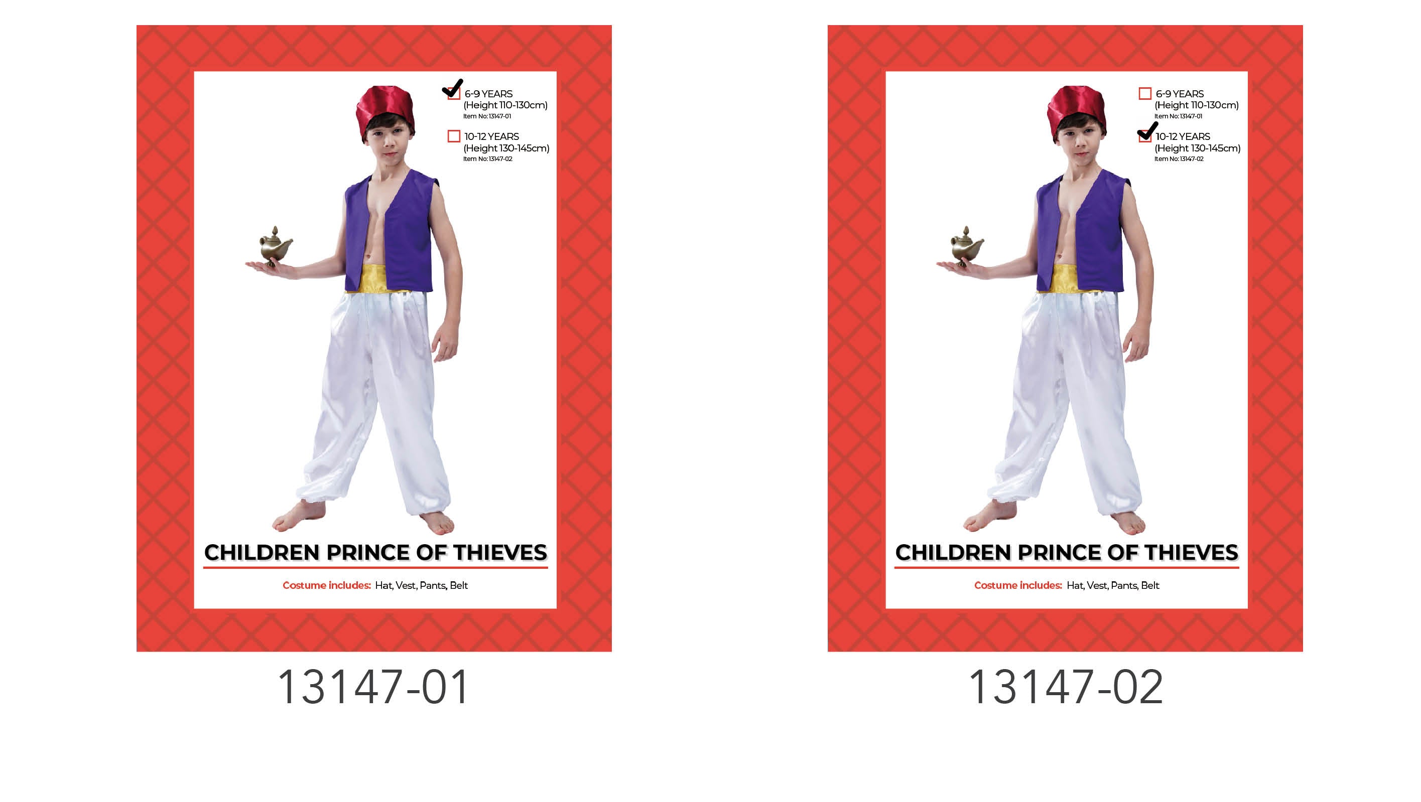 purple sleeveless vest; white elasticised pants; red satin hat; gold fabric belt;
