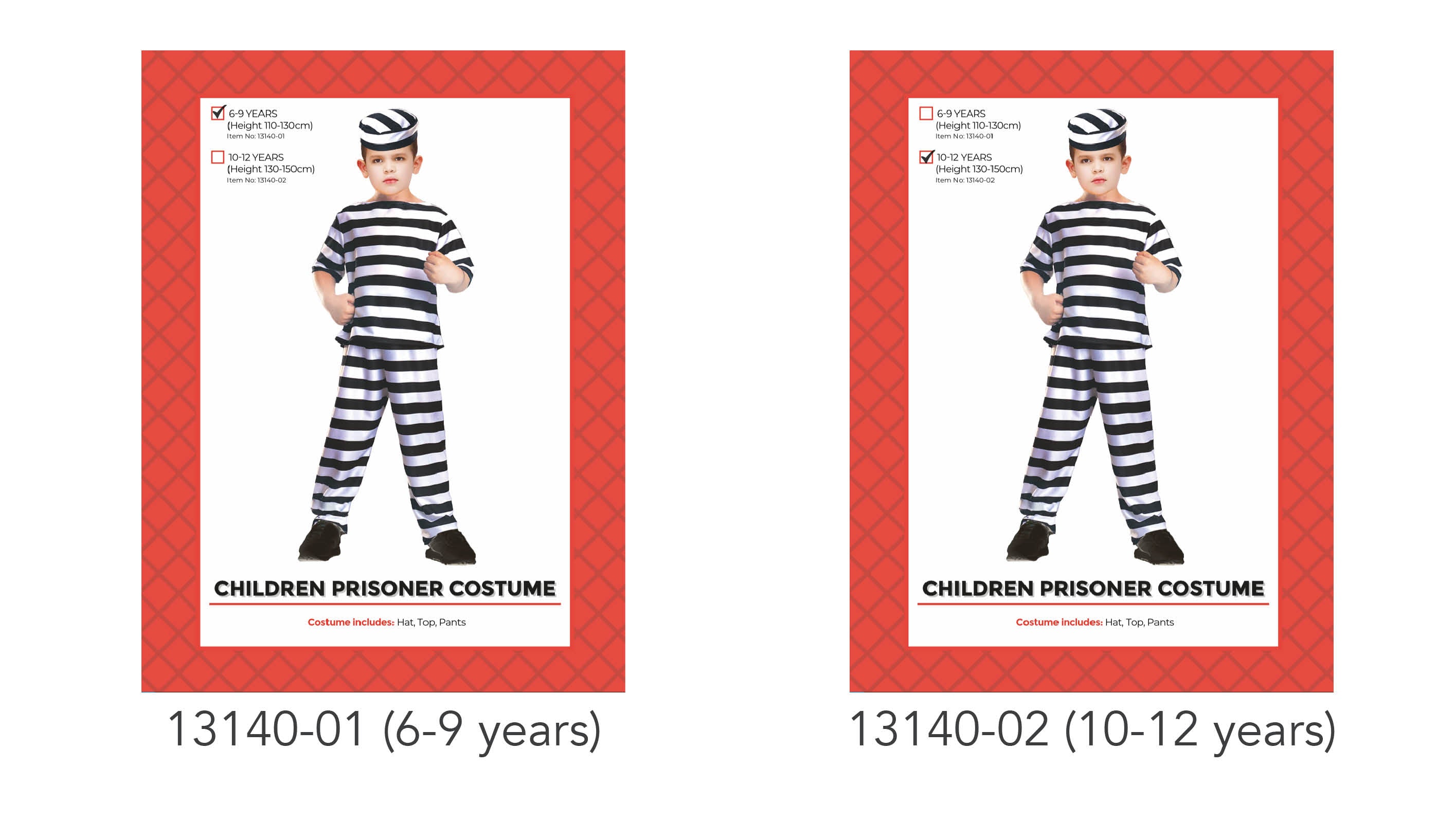 Black and white horizontal stripes; Set includes hat, top, and pants; Short-sleeved top; Loose-fitting striped pants; Child modelling costume;