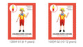 yellow hat with red feather; yellow jumpsuit with red suspenders; red short pants; includes nose accessory; costume for children;