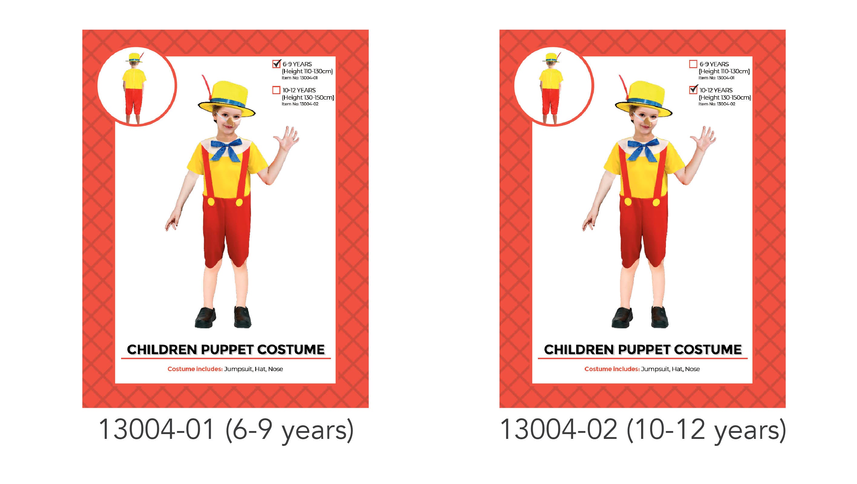 yellow hat with red feather; yellow jumpsuit with red suspenders; red short pants; includes nose accessory; costume for children;