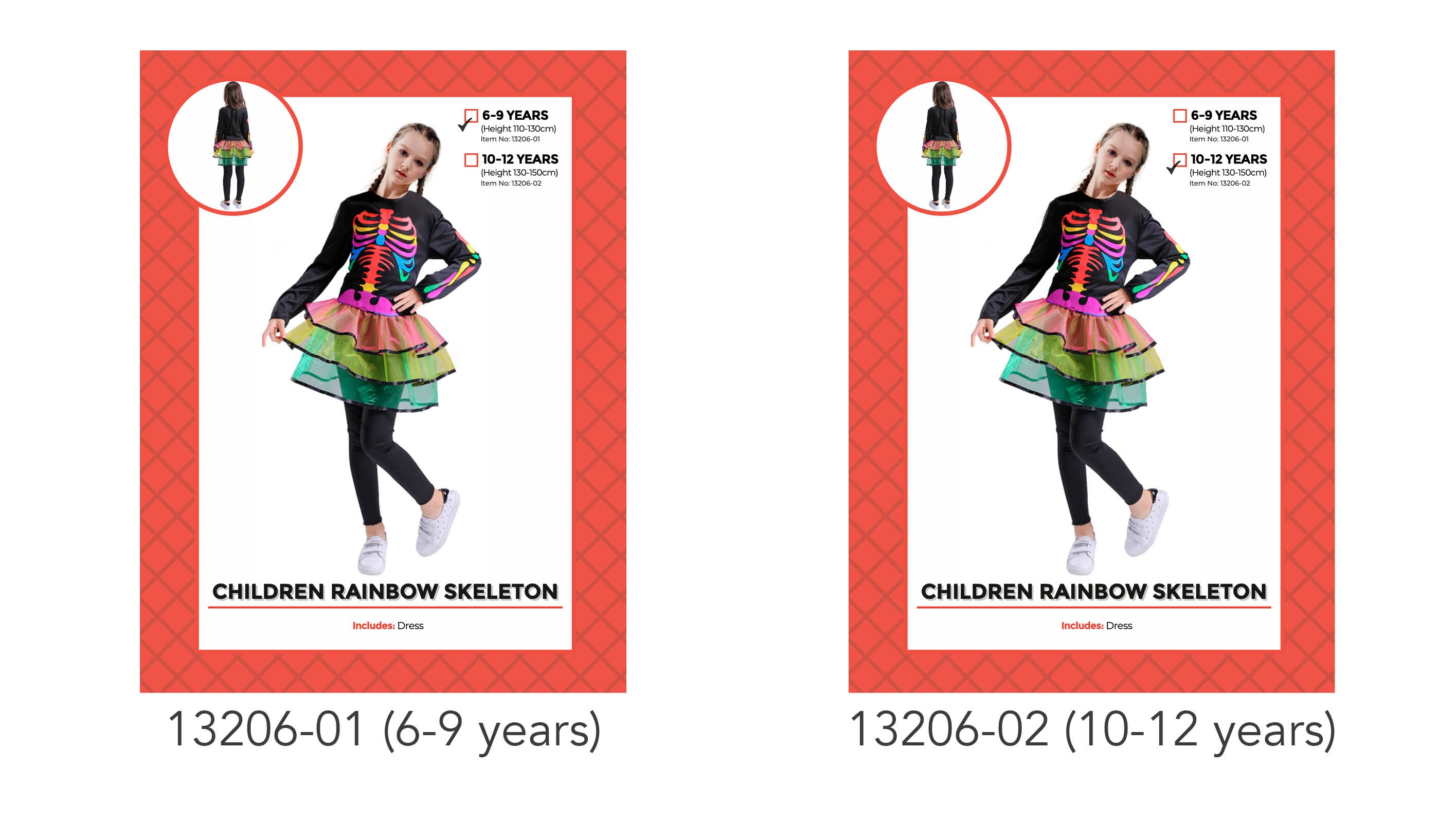 black dress with rainbow skeleton print on front and sleeves; layered rainbow tulle skirt attached; long sleeves; modelled by a child; suitable for children aged 6-9 or 10-12 years;