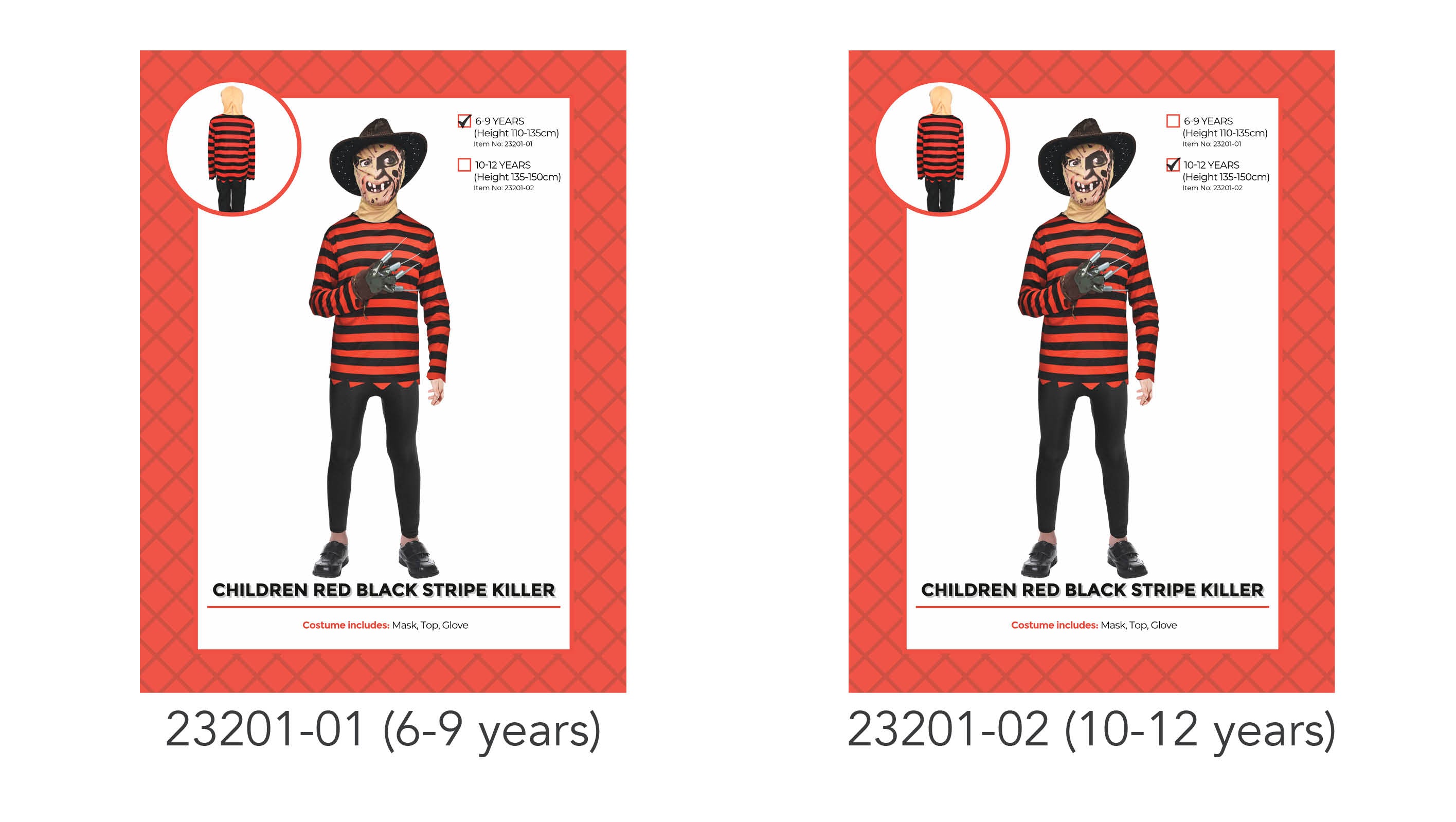 Red and black horizontal striped long sleeve top; Black leggings or pants; Mask with menacing face design; Black glove with metal-like claws; Two sizes shown: 6-9 years, 10-12 years;