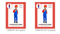 red long-sleeve jumpsuit with blue overalls; red hat included; black adhesive moustache accessory; visible sizes 6-9 years and 10-12 years; child model wearing entire outfit;