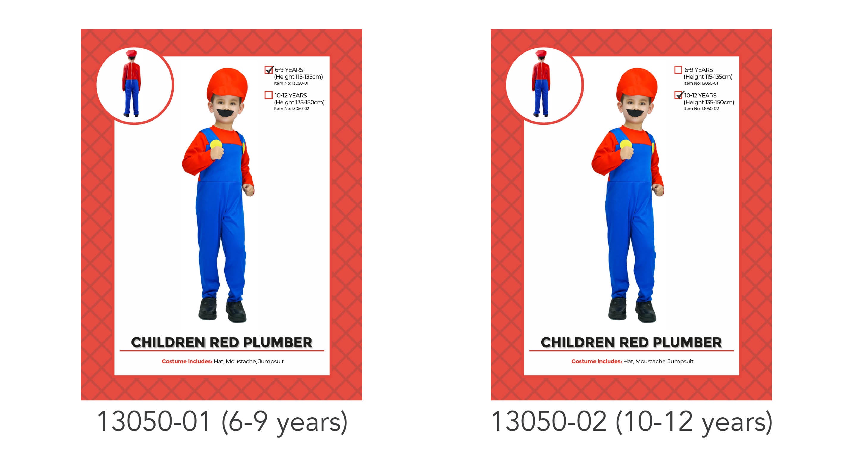 red long-sleeve jumpsuit with blue overalls; red hat included; black adhesive moustache accessory; visible sizes 6-9 years and 10-12 years; child model wearing entire outfit;