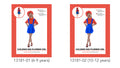 red short-sleeve shirt; blue skirt with suspenders; red hat; fake moustache; child model wearing costume;