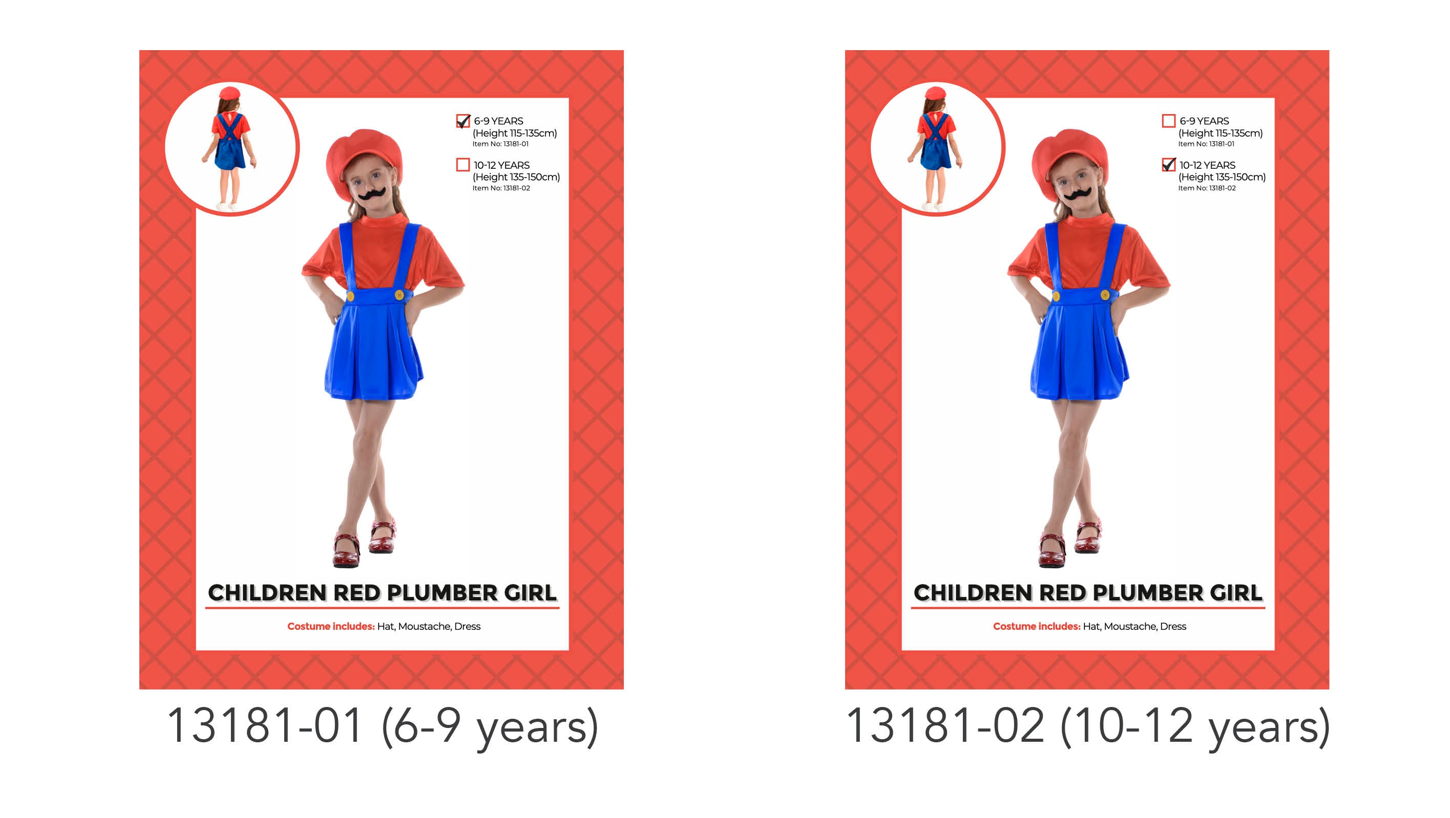 red short-sleeve shirt; blue skirt with suspenders; red hat; fake moustache; child model wearing costume;