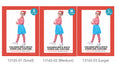 Red and white horizontal striped long sleeve top; Blue skirt; Red and white striped tights; Red and white beanie hat with pompom; Round black glasses;