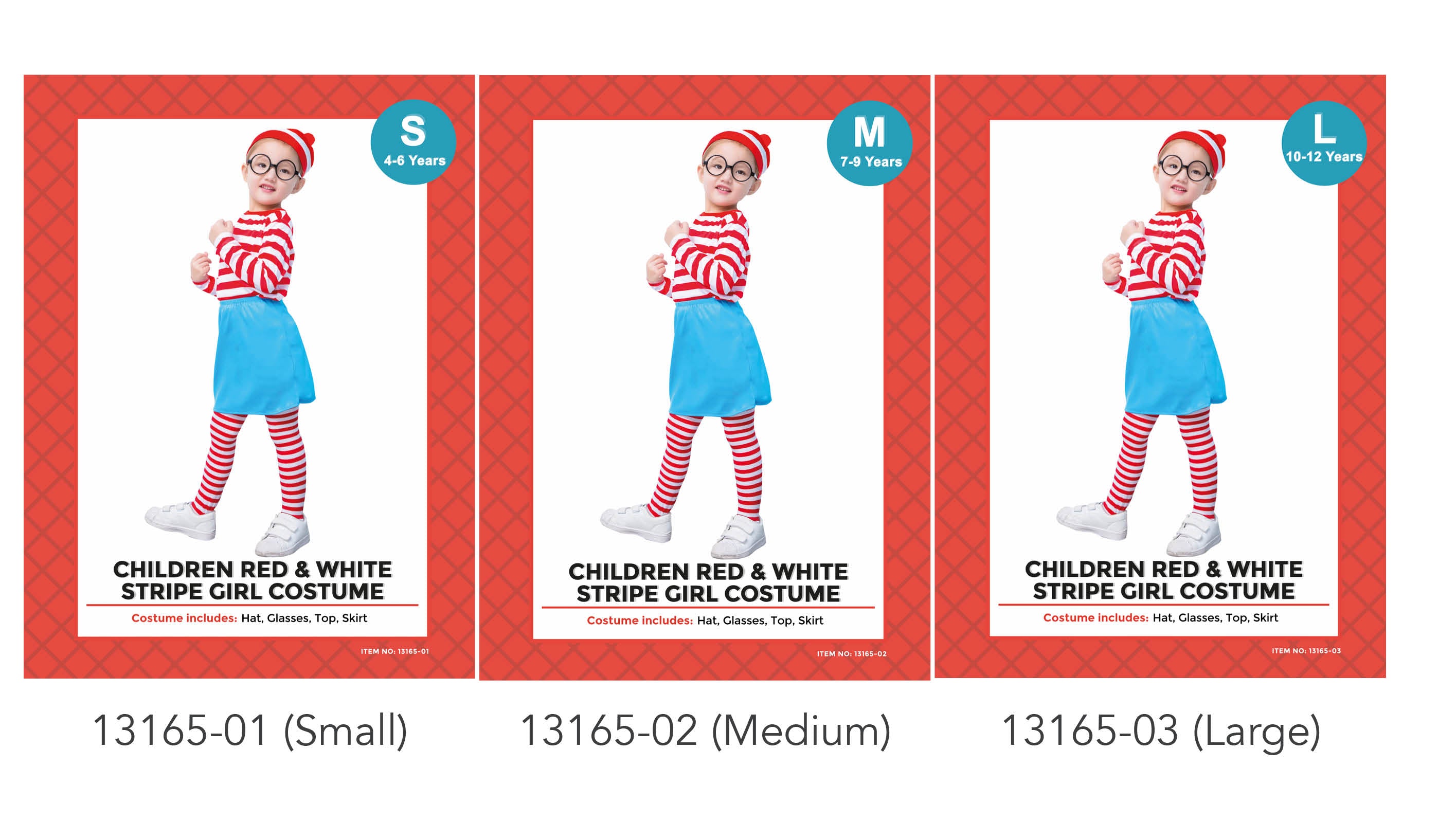 Red and white horizontal striped long sleeve top; Blue skirt; Red and white striped tights; Red and white beanie hat with pompom; Round black glasses;
