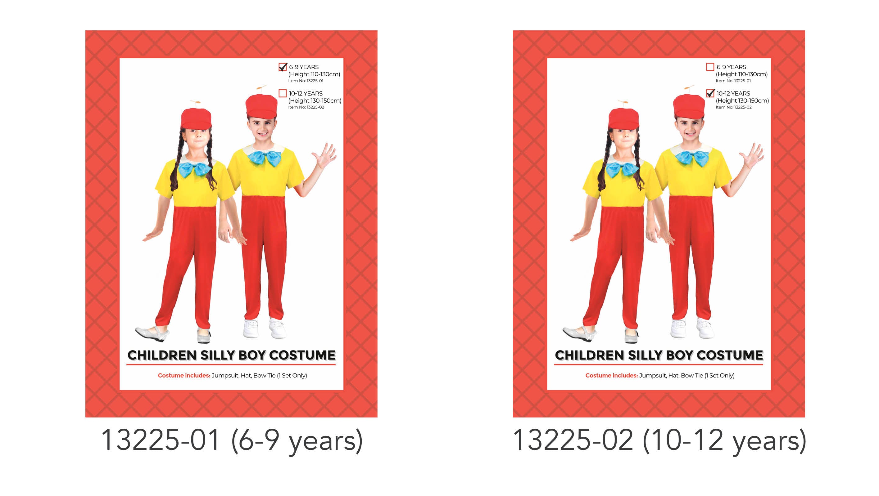 Yellow jumpsuit with red pants; Blue bow tie; Red hat with a small yellow tassel; Available in 6-9 years and 10-12 years sizes;