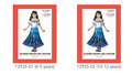 white top with black floral ruffle neckline; blue skirt with floral and nature print; kids dress; model wearing sandals;
